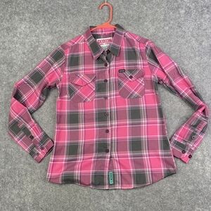 Dixxon Flannel Womens Medium Pink Plaid Shreddy Button Up
